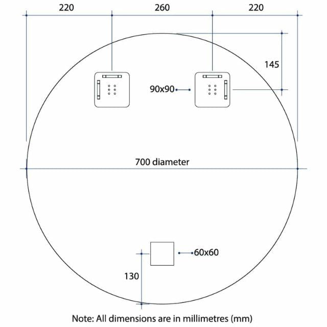 Technical Drawing Thermogroup Round 18mm Bevel Edge Mirror 700mm KR7070HN - The Blue Space