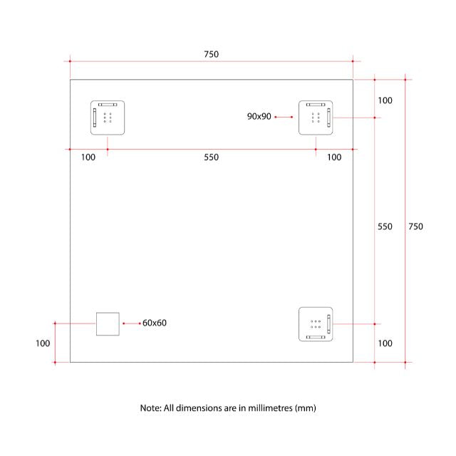 Technical Drawing Thermogroup Square Polished Edge Mirror 750x750mm JS7575HN - The Blue Space