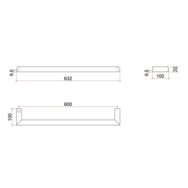 Technical Drawing Thermogroup Thermorail Round Single Rail 632x32x100mm 18Watts - Brushed Brass - Includes Transformer DSR6BB - The Blue Space