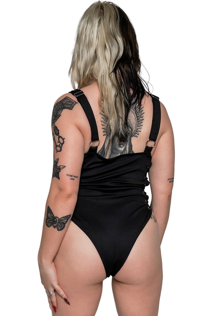 womens punk bathing suit one piece with corset lacing