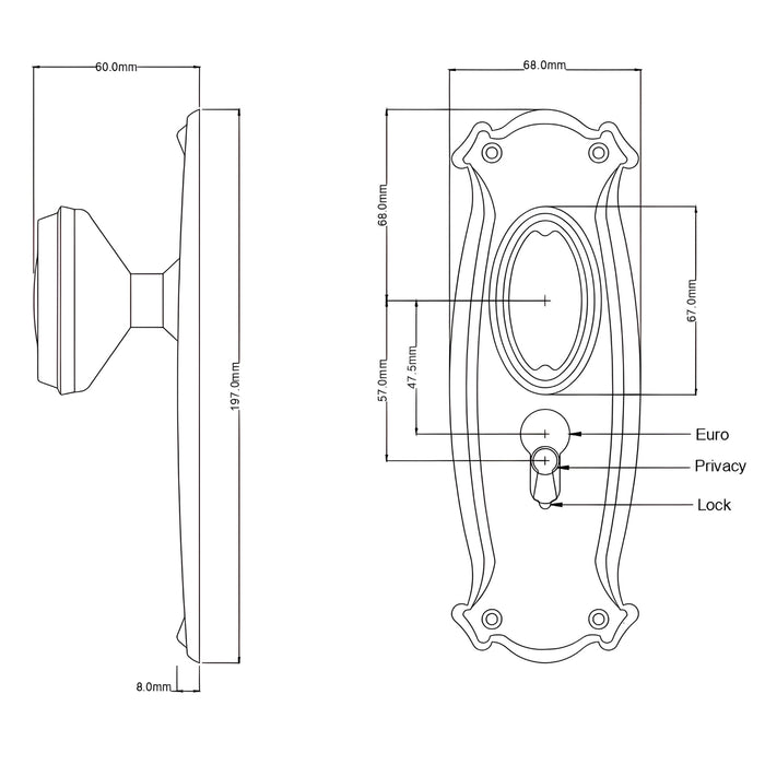 Line Drawing TradCo Bungalow Door Knob Long Backplate Entrance Set with High Security Lock Chrome Plated 0886KENTREURO57KK - The Blue Space
