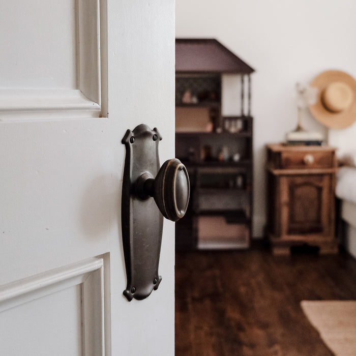 Lifestyle TradCo Bungalow Door Knob Long Backplate Passage Set Antique Brass  0830KPASS60 - The Blue Space