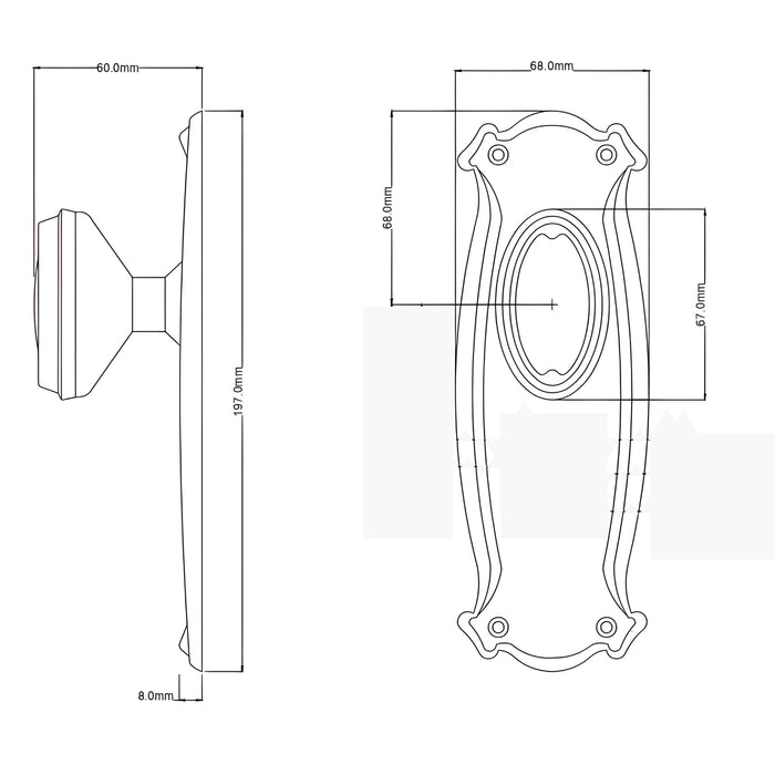 Line Drawing TradCo Bungalow Door Knob Long Backplate Passage Set Matte Black 9630KPASS60 - The Blue Space