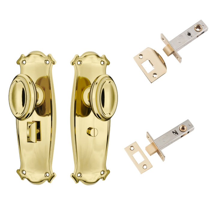 TradCo Bungalow Door Knob Long Backplate Privacy Set Polished Brass 1050KPRIV60 - The Blue Space