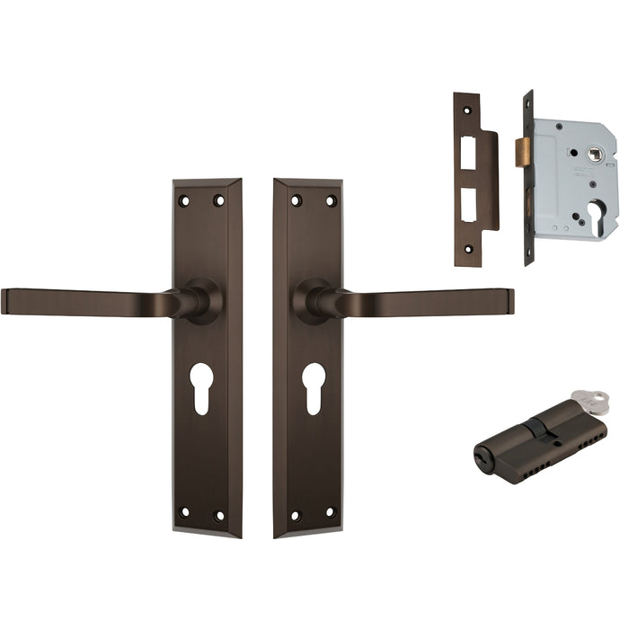TradCo Menton Lever Long Backplate Entrance Set with High Security Lock Antique Brass 0678KENTREURO57KK - The Blue Space