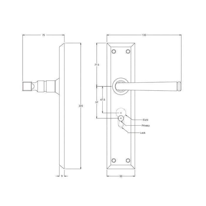 Line Drawing TradCo Menton Lever Long Backplate Entrance Set with High Security Lock Antique Brass 0678KENTREURO57KK - The Blue Space