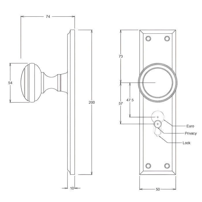 Line Drawing TradCo Milton Door Knob Long Backplate Entrance Set with High Security Lock Polished Brass 0720KENTREURO57KK - The Blue Space