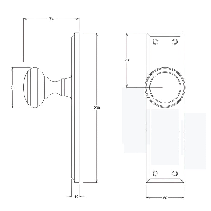 Line Drawing TradCo Milton Door Knob Long Backplate Passage Set Antique Copper 0728KPASS60 - The Blue Space