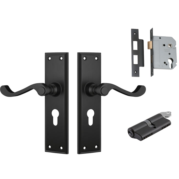 TradCo Milton Lever Long Backplate Entrance Set with High Security Lock Matte Black 9610KENTREURO57KK - The Blue Space
