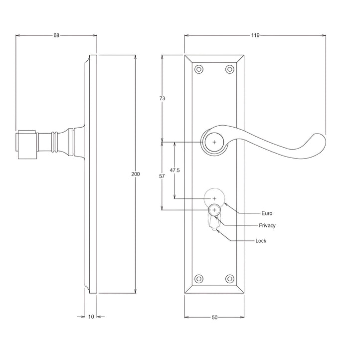 Line Drawing TradCo Milton Lever Long Backplate Entrance Set with High Security Lock Satin Chrome 0794KENTREURO57KK - The Blue Space