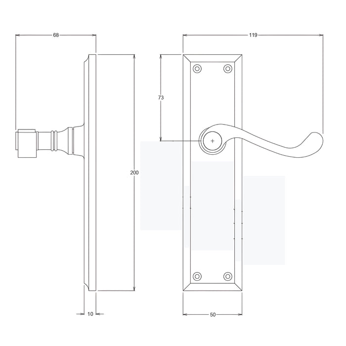 Line Drawing TradCo Milton Lever Long Backplate Passage Set Satin Chrome 0794KPASS60 - The Blue Space