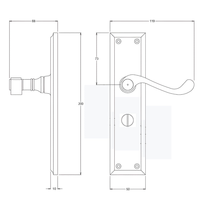 Line Drawing TradCo Milton Lever Long Backplate Privacy Set Antique Brass 0786KPRIV60 - The Blue Space