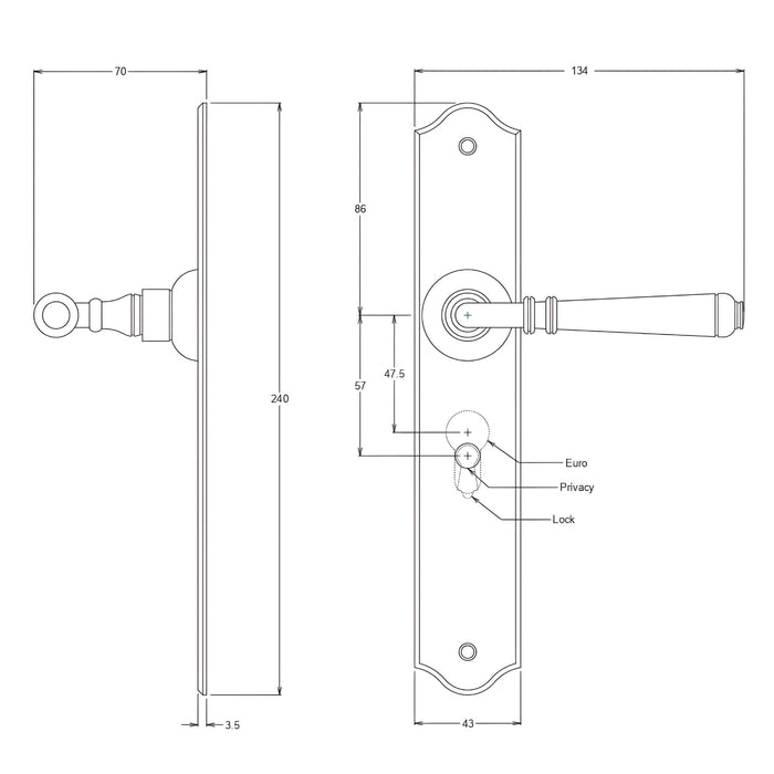 Line Drawing TradCo Reims Lever Long Backplate Entrance Set with High Security Lock Chrome Plated 0777KENTREURO57KK - The Blue Space