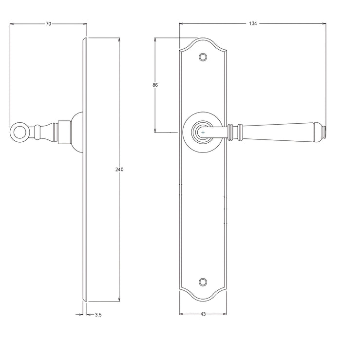 Line Drawing TradCo Reims Lever Long Backplate Passage Set Antique Copper 0746KPASS60 - The Blue Space