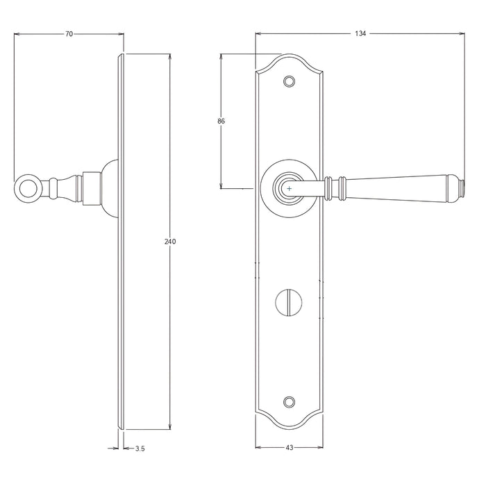 Line Drawing TradCo Reims Lever Long Backplate Privacy Set Polished Brass 0771KPRIV60 - The Blue Space