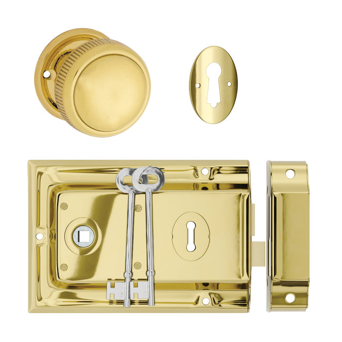 TradCo Rim Lock and Milled Edge Knob Passage Set Polished Brass 1021-2002SET - The Blue Space