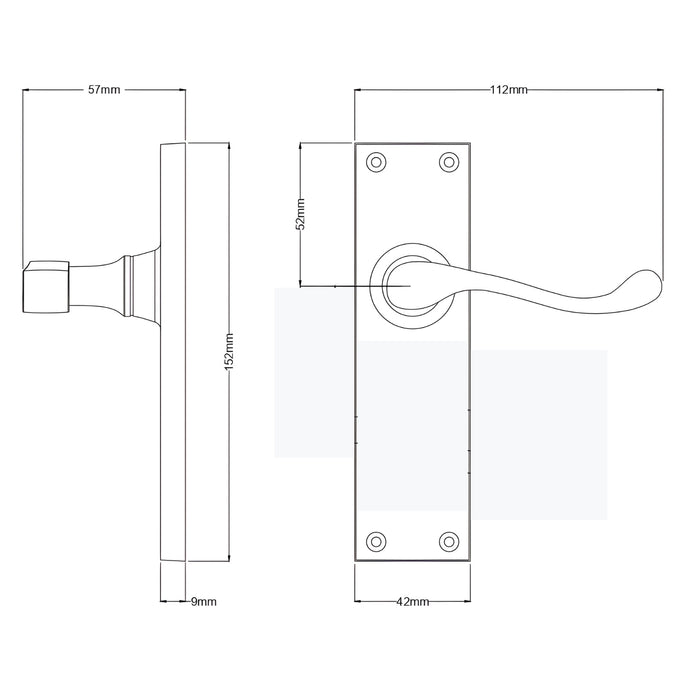 Line Drawing TradCo Victorian Lever Long Backplate Passage Set Antique Copper 0902KPASS60 - The Blue Space
