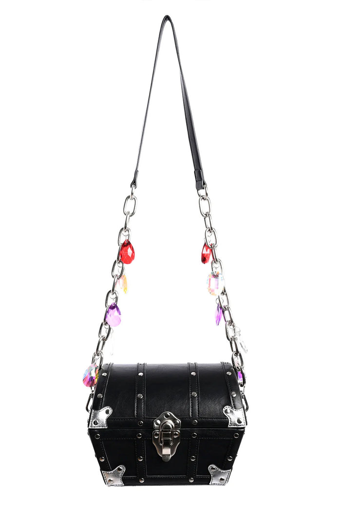 vegan leather black treasure chest bag from Foxblood with  pearl top handle and chain crossbody strap covered in gems