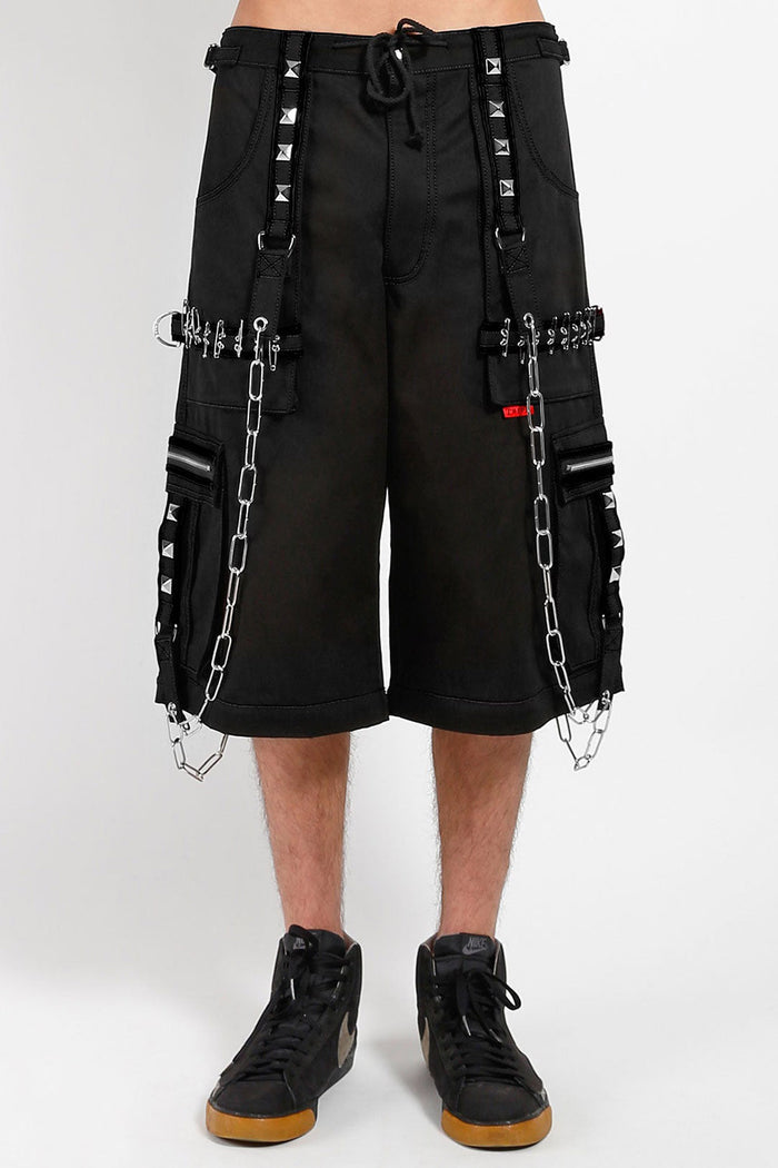 studded black cotton baggy cargo shorts with chains