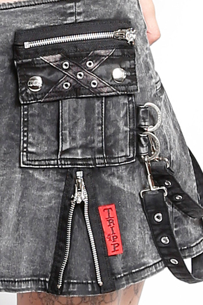 denim cargo pocket punk pleated mini skirt by tripp NYC with straps and studs