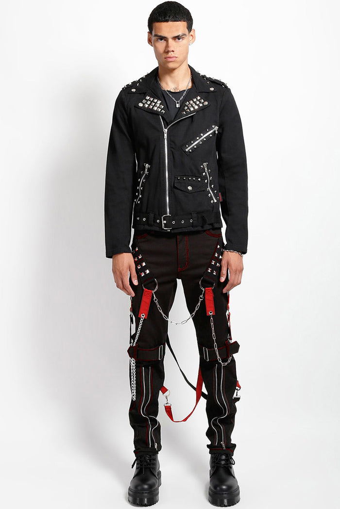 mens punk studded red and black tripp NYC straight-leg pants
