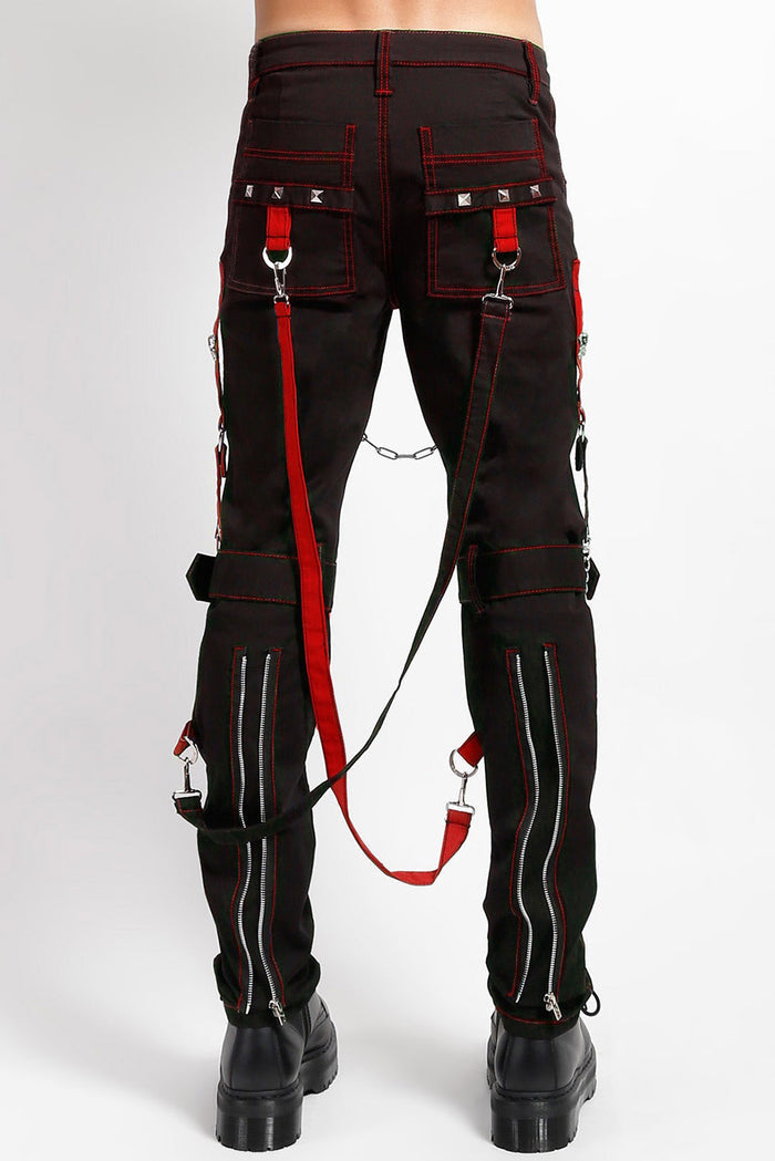 punk studded red and black tripp NYC straight-leg pants with leg straps