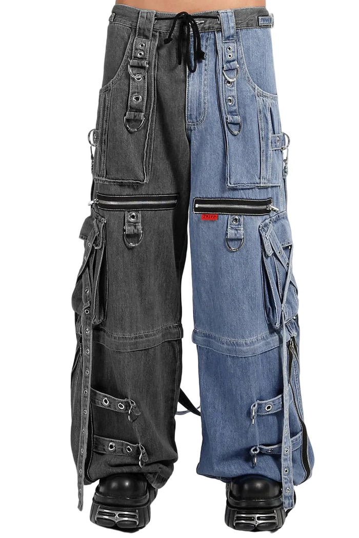 Tripp NYC X-Strap Split Denim Pants [BLACK DENIM/INDIGO BLUE]