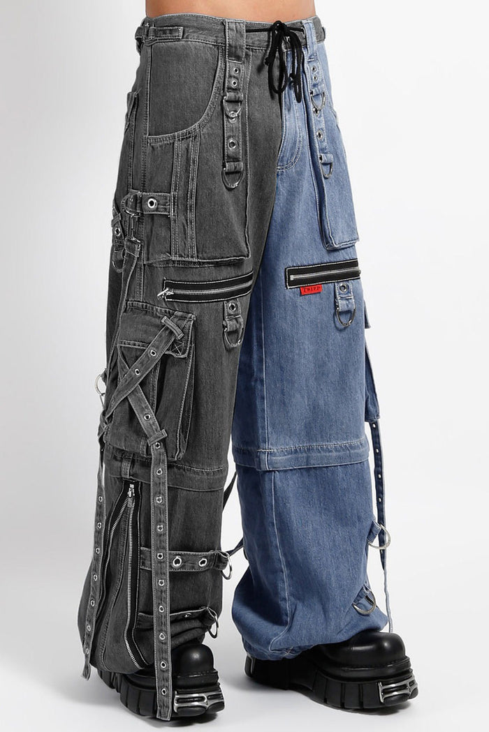 Tripp NYC X-Strap Split Denim Pants [BLACK DENIM/INDIGO BLUE]