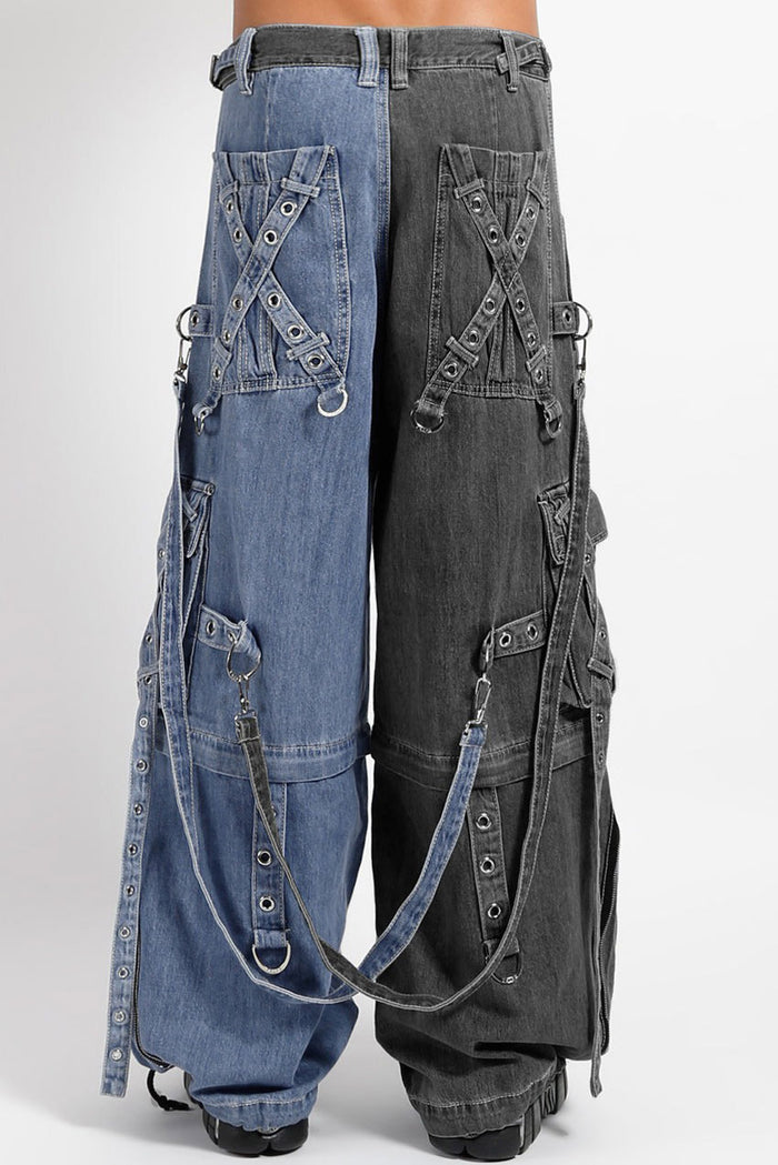 Tripp NYC X-Strap Split Denim Pants [BLACK DENIM/INDIGO BLUE]