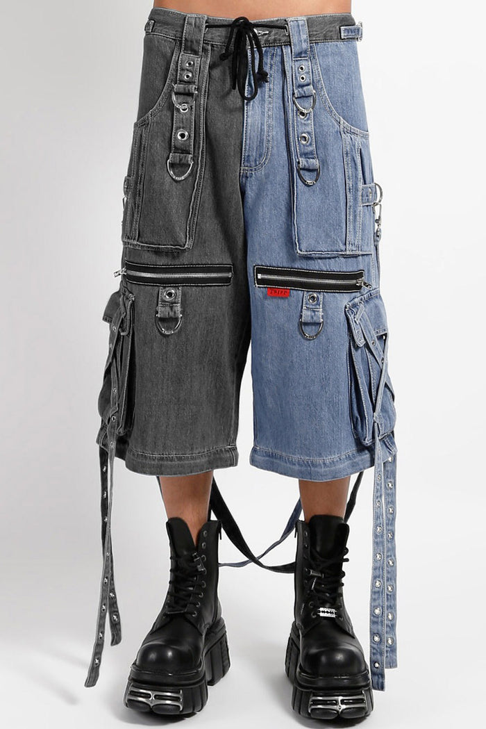 Tripp NYC X-Strap Split Denim Pants [BLACK DENIM/INDIGO BLUE]