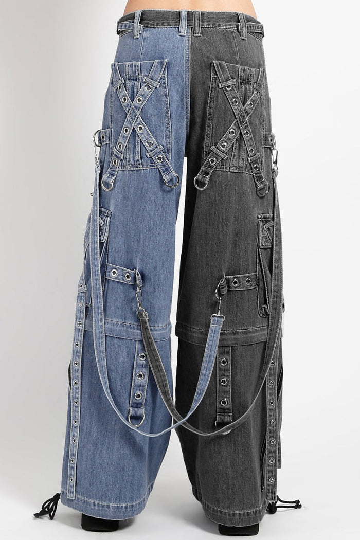 Tripp NYC X-Strap Split Denim Pants [BLACK DENIM/INDIGO BLUE]