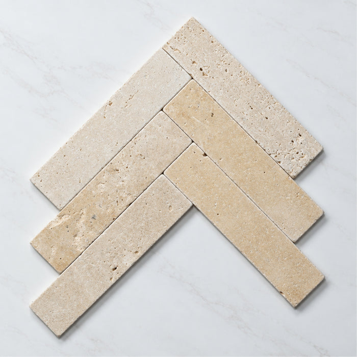 Fishbone Tumbled Natural Beige Travertine Subway Tile 50mm x 200mm 52APOBET - The Blue Space
