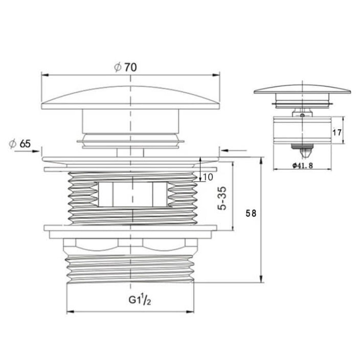 Technical Drawing Turner Hastings 40mm Safety Pull-Out Pop-Up Bath Waste with Short Tail with Overflow - Matte Black BA408PO-OF-MB - The Blue Space