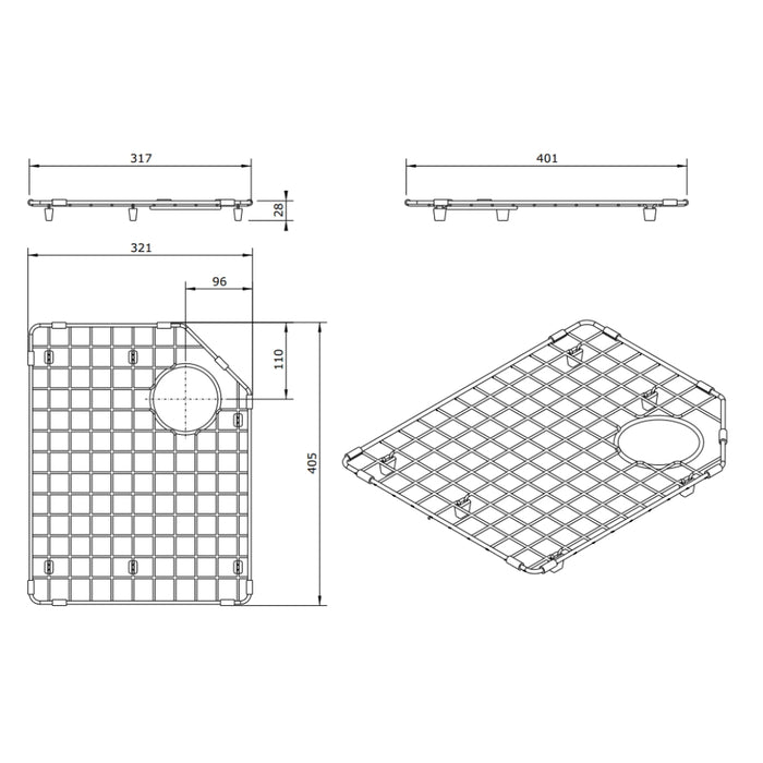 Technical Drawing Turner Hastings Chester Stainless Steel Grid 80x50 - LHB - Brushed Brass 4A41312-BB - The Blue Space