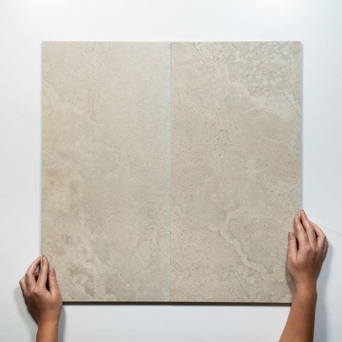 Pattern With Hand Tuscan Beige Travertine Look Tile 300mm x 600mm 36CRWBEM - The Blue Space