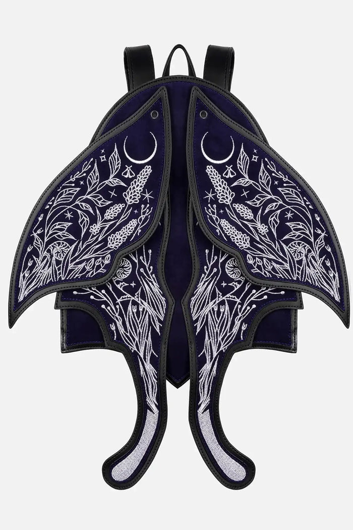 Backpack with silver  floral and moon design on a black background
