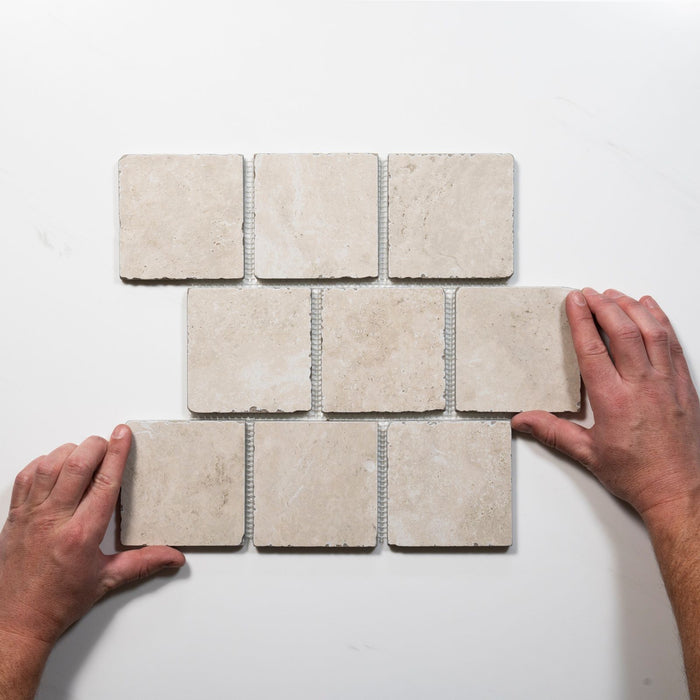 With Hand Valerie Cream Travertine Brick Bond Cobblestone Porcelain Tile Sheets TRVBETGCOBBB - The Blue Space