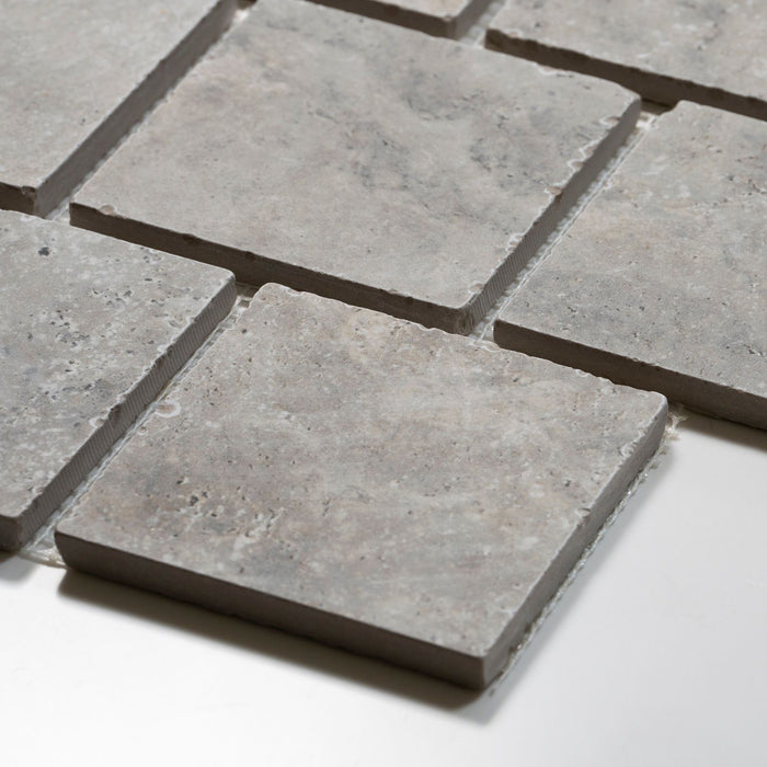 Oblique Valerie Grey Travertine Brick Bond Cobblestone Porcelain Tile Sheets TRVPETGCOBBB - The Blue Space