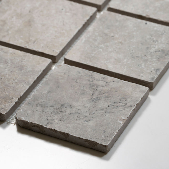 Oblique Valerie Grey Travertine Straight Bond Cobblestone Porcelain Tile Sheets TRVPETGCOBST - The Blue Space
