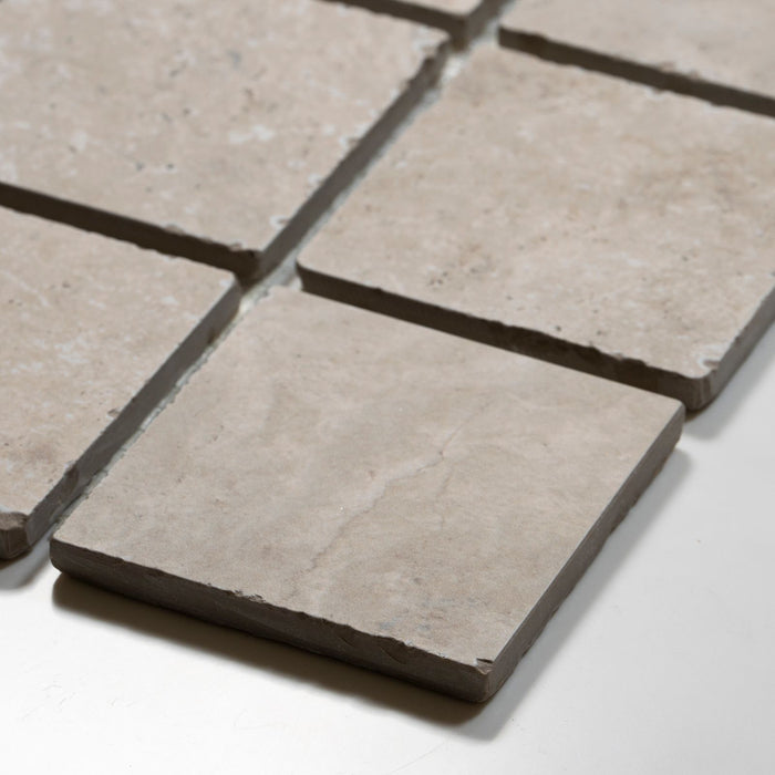 Valerie Ivory Travertine Straight Bond Cobblestone Porcelain Tile Sheets TRVBITGCOBST - The Blue Space