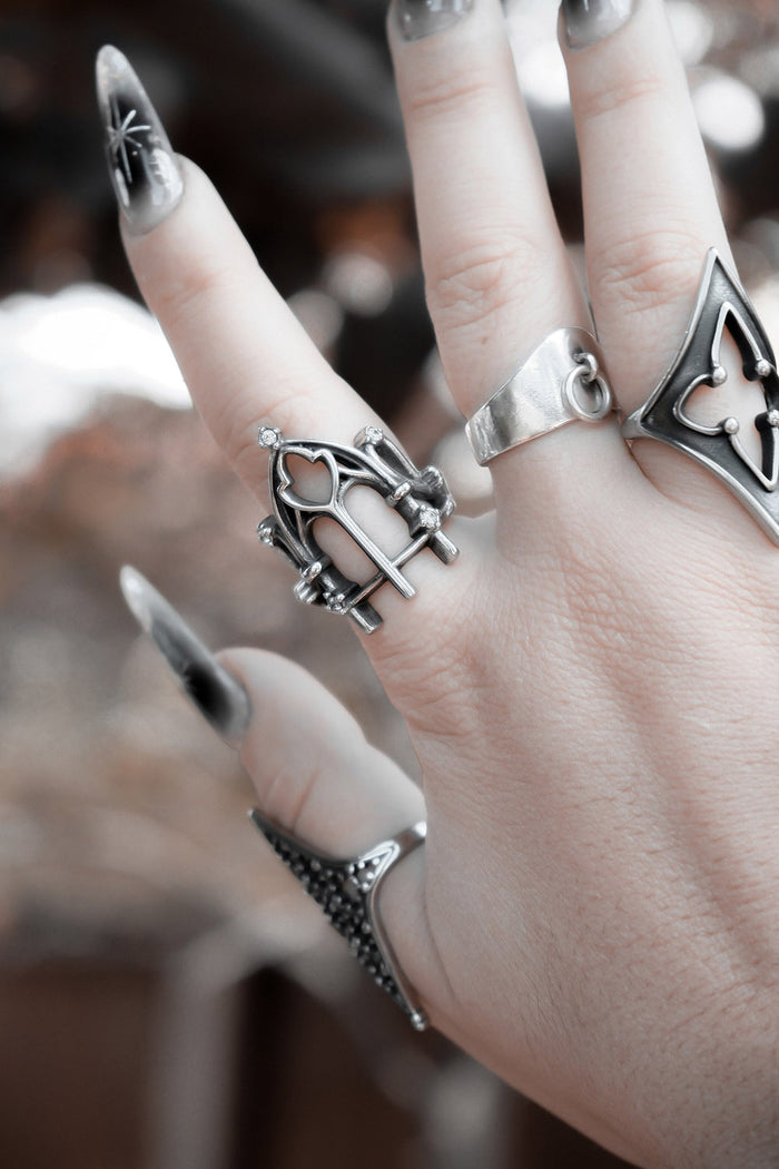 silver rhinestone stainless steel gothic cathedral ring by lively ghosts