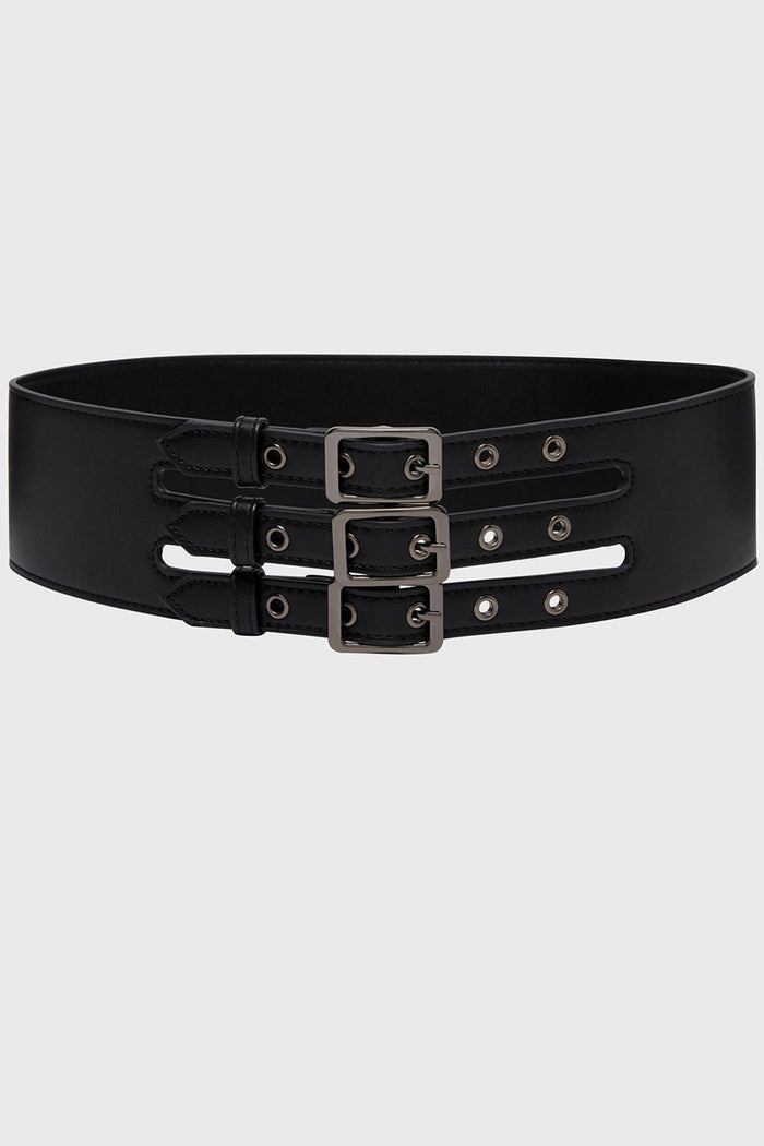Black belt with multiple silver buckles on a light gray background