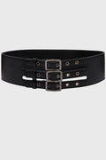 Black belt with multiple silver buckles on a light gray background