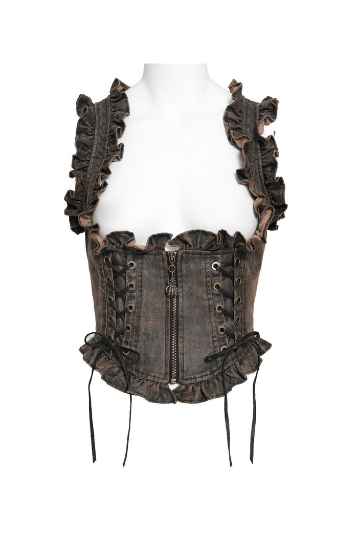 womens ruffled brown steampunk vegan leather pirate harness