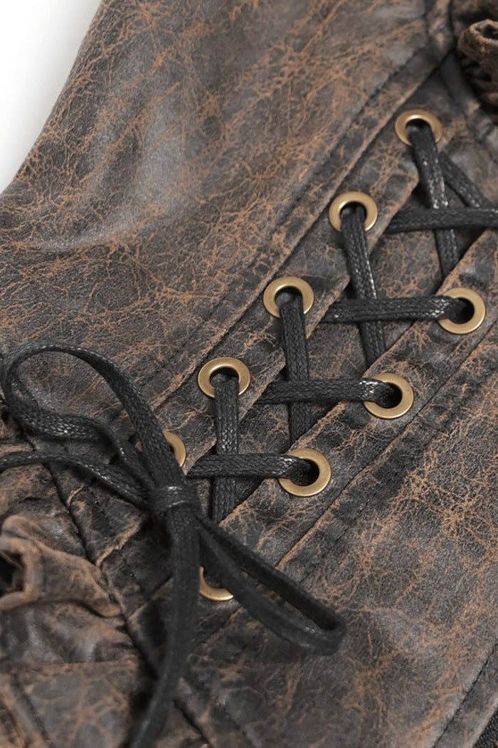 womens distressed brown steampunk vegan leather pirate harness with swallowtail hem
