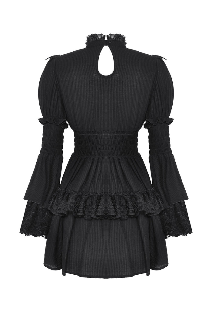 Back details of goth puff sleeve dress with cinched waist