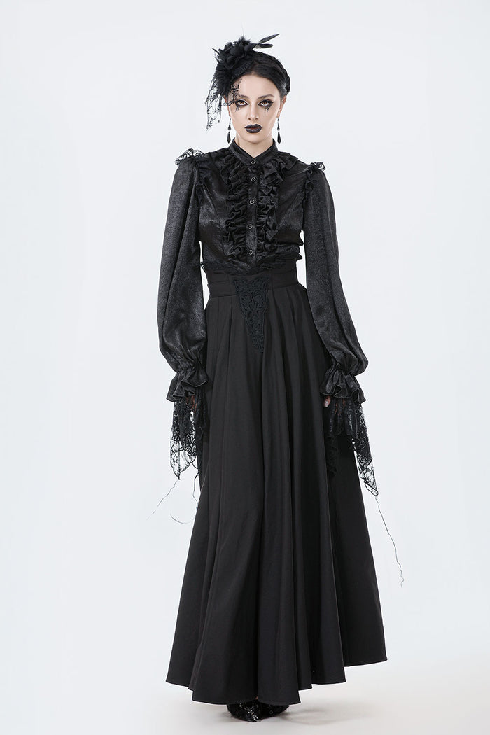 Front view of model wearing gothic maxi skirt for women