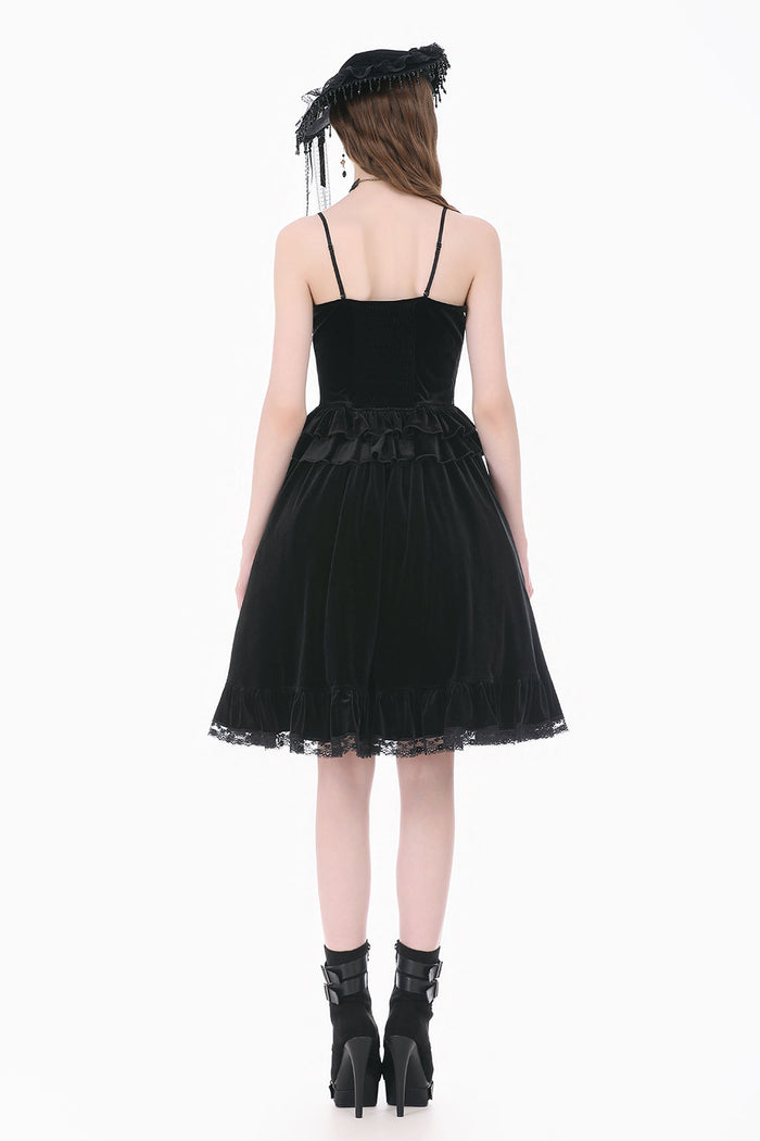 Back view of womens black velvet tank top with with lace