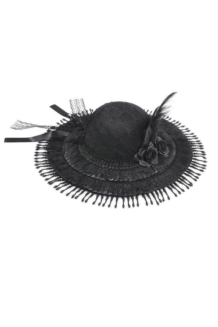 beaded black victorian hat with a feather and bows