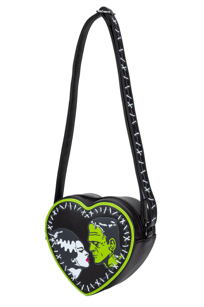 Heart-shaped bag with frankenstein graphic design on a white background